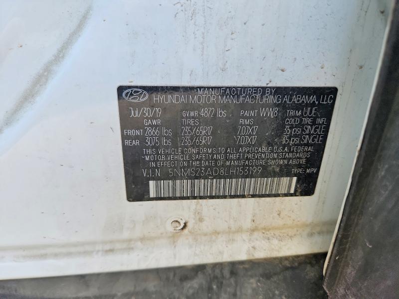 2020 Hyundai Santa Fe მანქანა იყიდება აუქციონზე, vin: 5NMS23AD8LH153199, აუქციონის ნომერი: 63645216