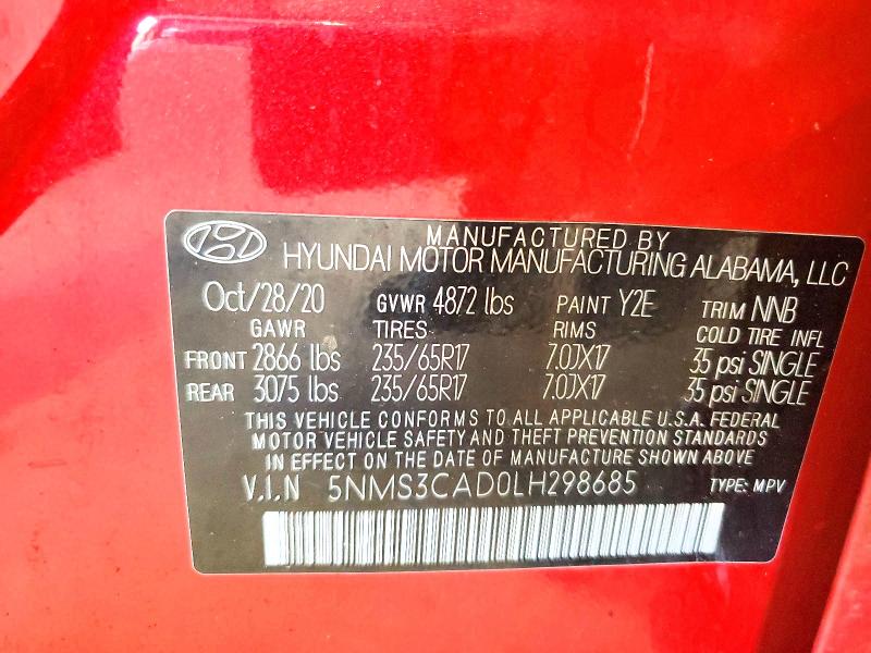 64958176 :رقم المزاد ، 5NMS3CAD0LH298685 vin ، 2020 Hyundai Santa Fe مزاد بيع