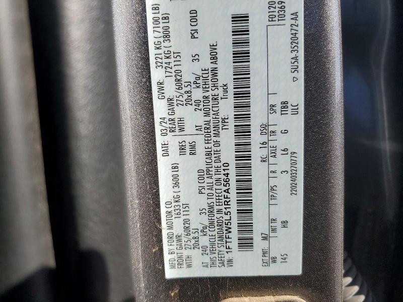 66165176 :رقم المزاد ، 1FTFW5L51RFA56410 vin ، 2024 Ford F150 مزاد بيع