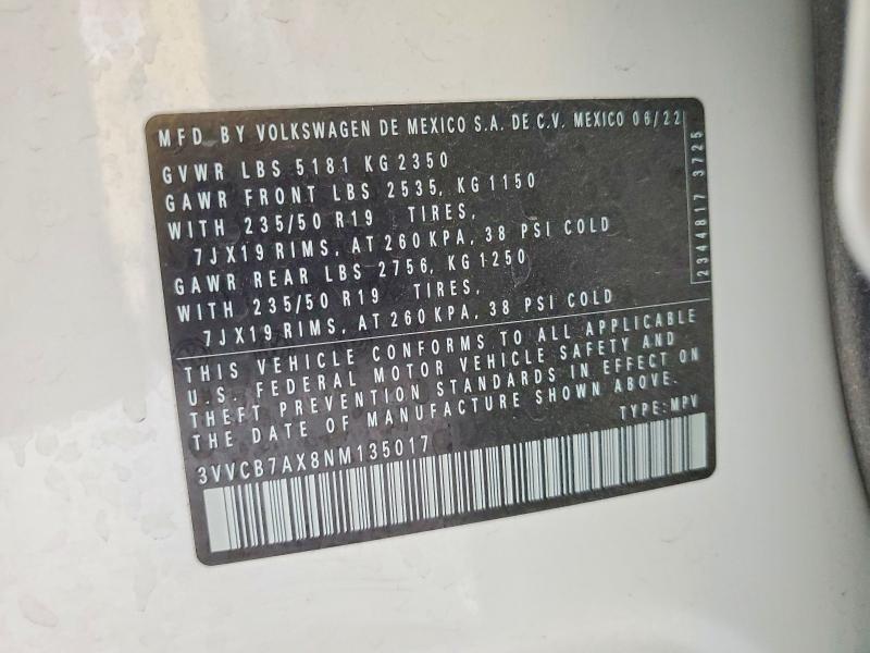 2022 Volkswagen Tiguan მანქანა იყიდება აუქციონზე, vin: 3VVCB7AX8NM135017, აუქციონის ნომერი: 66836456