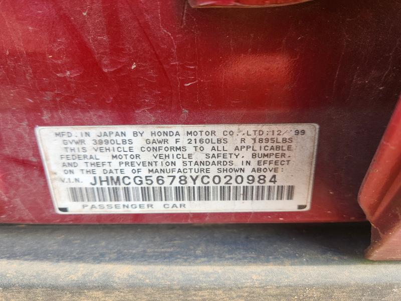 Aukcja sprzedaży 2000 Honda Accord, vin: JHMCG5678YC020984, numer aukcji: 66826406