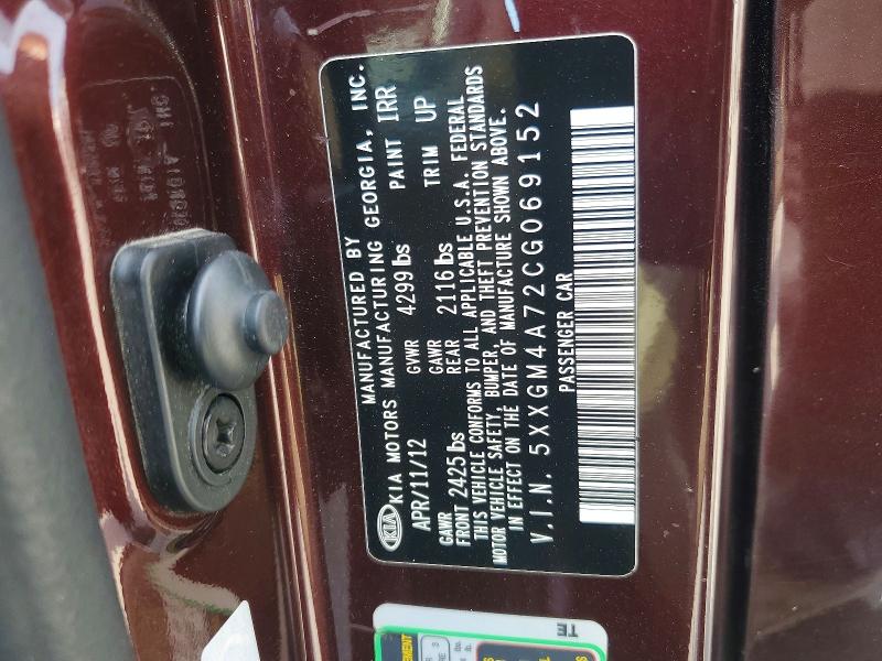 2012 Kia Optima მანქანა იყიდება აუქციონზე, vin: 5XXGM4A72CG069152, აუქციონის ნომერი: 61647856