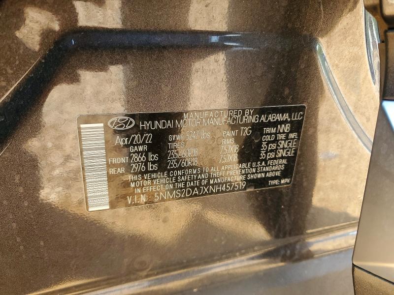 64738956 :رقم المزاد ، 5NMS2DAJXNH457519 vin ، 2022 Hyundai Santa Fe مزاد بيع