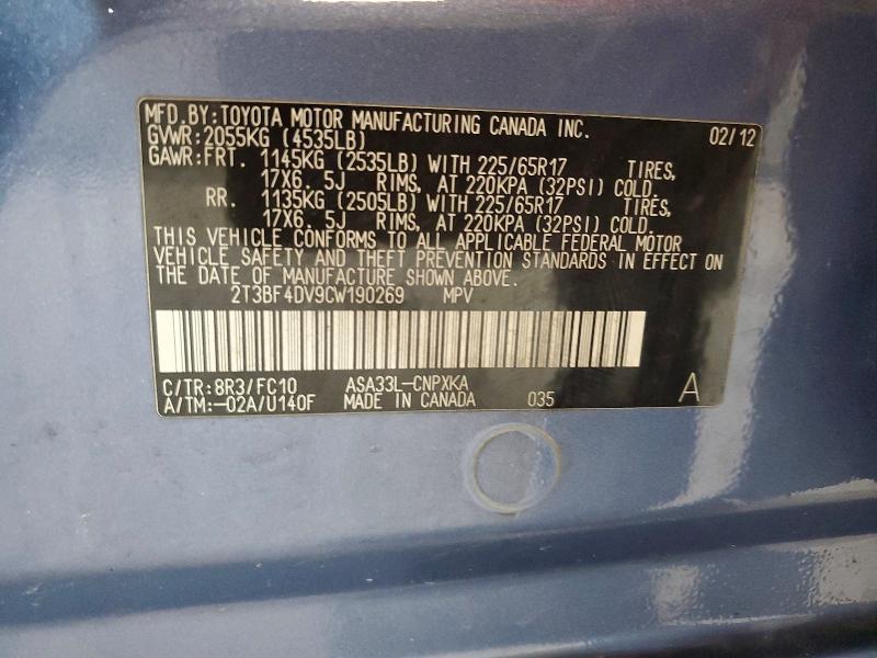 Продаж на аукціоні авто 2012 Toyota Rav4, vin: 2T3BF4DV9CW190269, номер лоту: 63578976