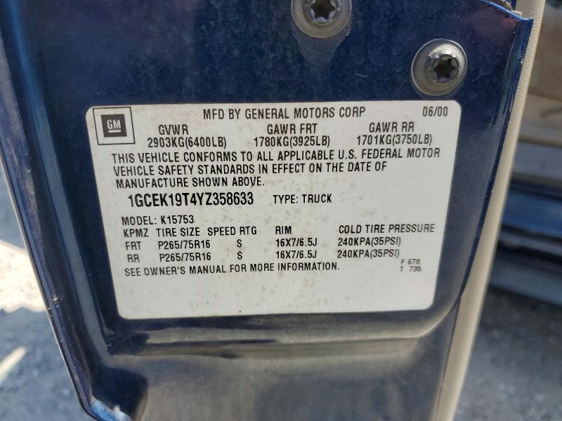 Aukcja sprzedaży 2000 Chevrolet Silverado, vin: 1GCEK19T4YZ358633, numer aukcji: 65530036