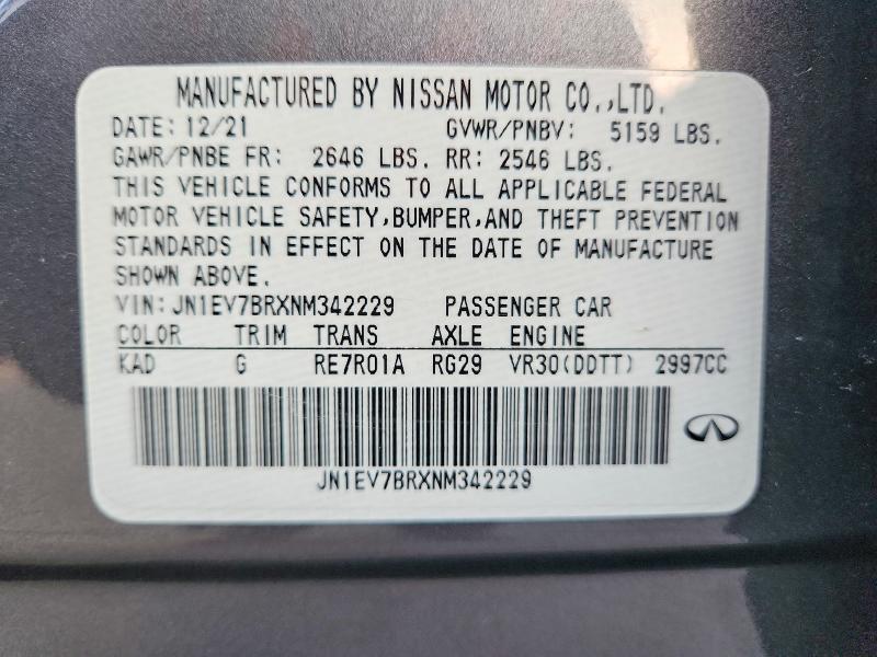 65392326 :رقم المزاد ، JN1EV7BRXNM342229 vin ، 2022 Infiniti Q50 مزاد بيع