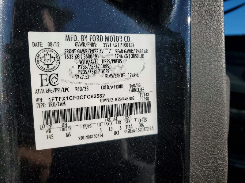 63193436 :رقم المزاد ، 1FTFX1CF0CFC62582 vin ، 2012 Ford F150 مزاد بيع