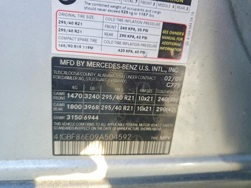 64766646 :رقم المزاد ، 4JGBF86E09A504592 vin ، 2009 Mercedes-benz Gl مزاد بيع