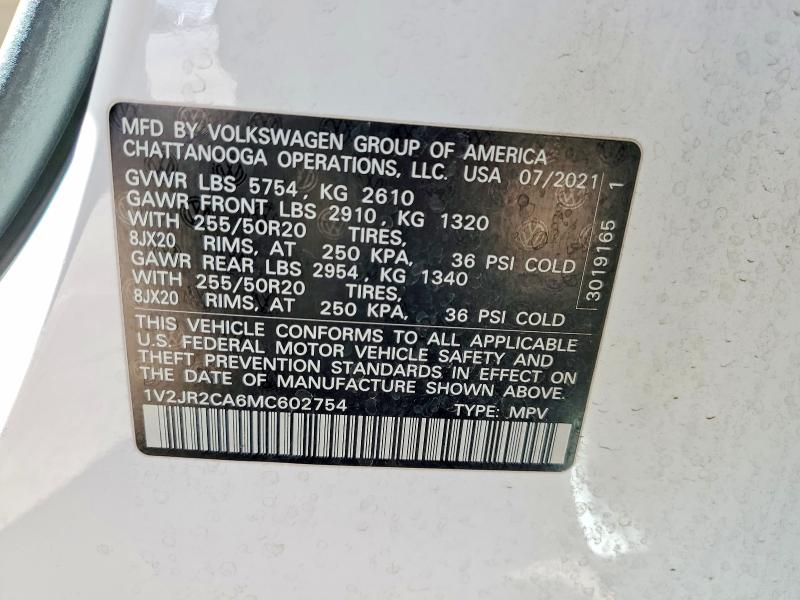64830676 :رقم المزاد ، 1V2JR2CA6MC602754 vin ، 2021 Volkswagen Atlas مزاد بيع
