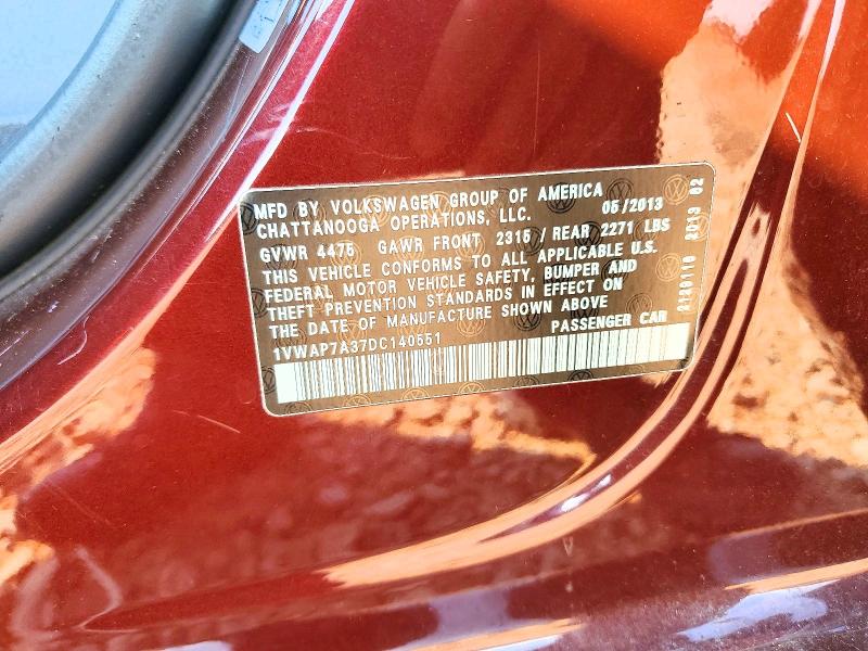 Продаж на аукціоні авто 2013 Volkswagen Passat, vin: 1VWAP7A37DC140551, номер лоту: 65644026