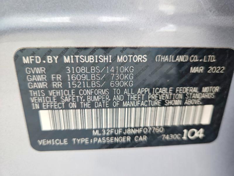Aukcja sprzedaży 2022 Mitsubishi Mirage, vin: ML32FUFJ8NHF07760, numer aukcji: 66592936
