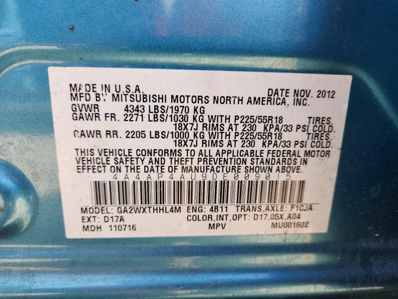 2013 Mitsubishi Outlander Sport მანქანა იყიდება აუქციონზე, vin: 4A4AP4AU9DE009015, აუქციონის ნომერი: 65432886