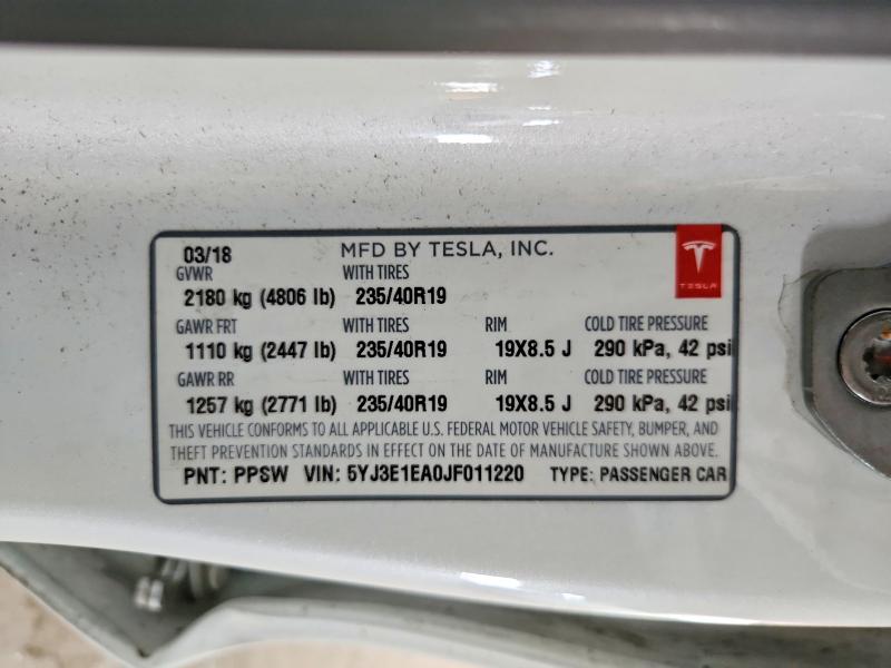 2018 Tesla Model 3 მანქანა იყიდება აუქციონზე, vin: 5YJ3E1EA0JF011220, აუქციონის ნომერი: 65436986