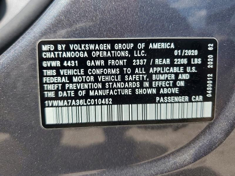 65580356 :رقم المزاد ، 1VWMA7A36LC010452 vin ، 2020 Volkswagen Passat مزاد بيع