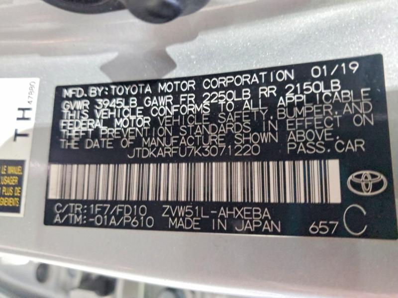 Aukcja sprzedaży 2019 Toyota Prius, vin: JTDKARFUK3071220, numer aukcji: 63774276