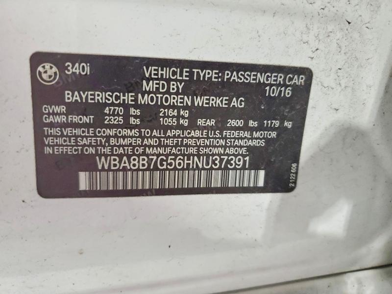 2017 Bmw 340 მანქანა იყიდება აუქციონზე, vin: WBA8B7G56HNU37391, აუქციონის ნომერი: 63037846
