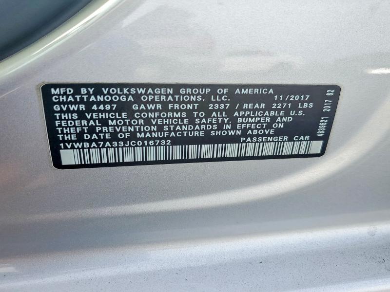 2018 Volkswagen Passat მანქანა იყიდება აუქციონზე, vin: 1VWBA7A33JC016732, აუქციონის ნომერი: 67021366