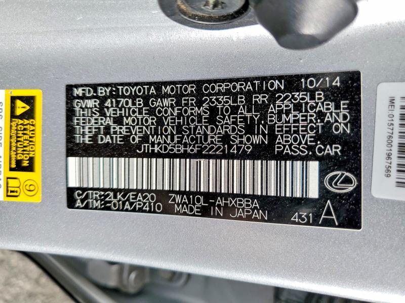 66083096 :رقم المزاد ، JTHKD5BH6F2221479 vin ، 2015 Lexus Ct مزاد بيع