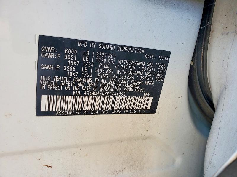 66208096 :رقم المزاد ، 4S4WMAFD8K3444092 vin ، 2019 Subaru Ascent مزاد بيع