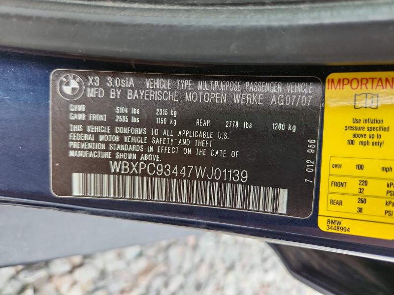 Aukcja sprzedaży 2007 Bmw X3, vin: WBXPC93447WJ01139, numer aukcji: 63858626