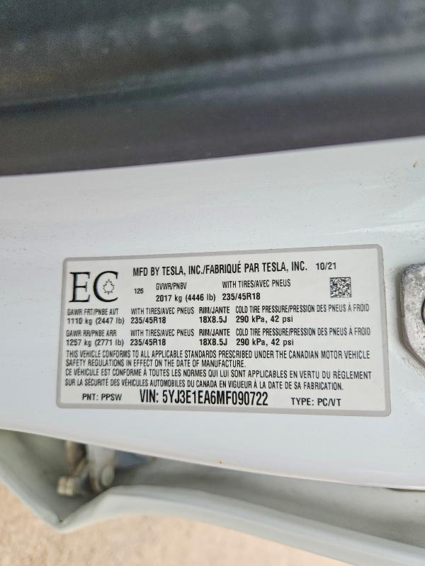 Продаж на аукціоні авто 2021 Tesla Model 3, vin: 5YJ3E1EA6MF090722, номер лоту: 63656886