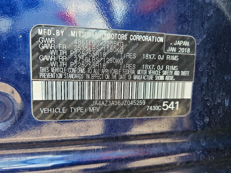 65858806 :رقم المزاد ، JA4AZ3A36JZ045259 vin ، 2018 Mitsubishi Outlander مزاد بيع