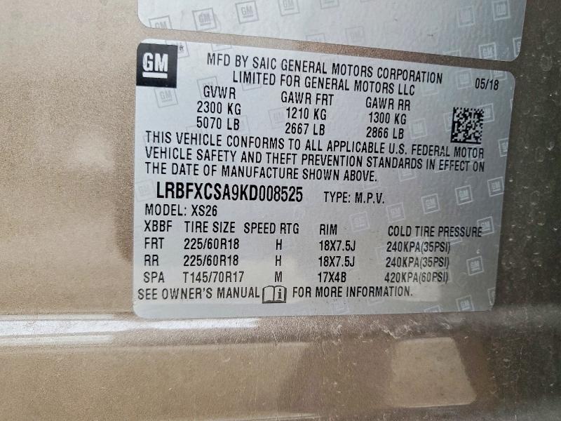 63735676 :رقم المزاد ، LRBFXCSA9KD008525 vin ، 2019 Buick Envision مزاد بيع