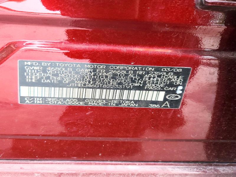 Aukcja sprzedaży 2008 Lexus Es, vin: JTHBJ46G182233191, numer aukcji: 63825476
