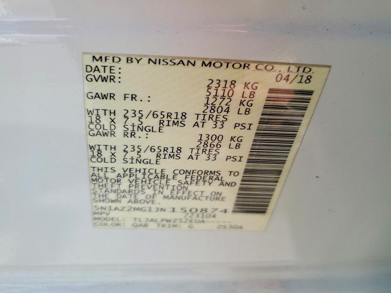 Aukcja sprzedaży 2018 Nissan Murano, vin: 5N1AZ2MG1JN150874, numer aukcji: 65082266