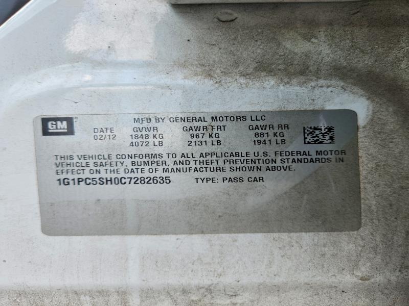 63705736 :رقم المزاد ، 1G1PC5SH0C7282635 vin ، 2012 Chevrolet Cruze مزاد بيع
