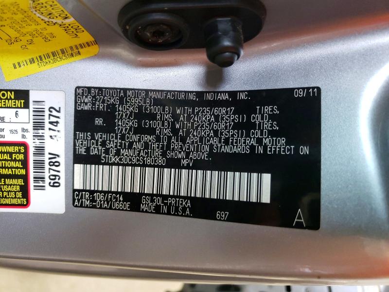 2012 Toyota Sienna მანქანა იყიდება აუქციონზე, vin: 5TDKK3DC9CS180380, აუქციონის ნომერი: 64217976