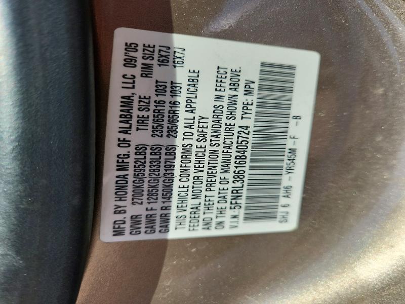 2006 Honda Odyssey მანქანა იყიდება აუქციონზე, vin: 5FNRL38616B405724, აუქციონის ნომერი: 65875906