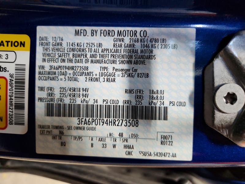 Aukcja sprzedaży 2017 Ford Fusion, vin: 3FA6P0T94HR273508, numer aukcji: 63564896