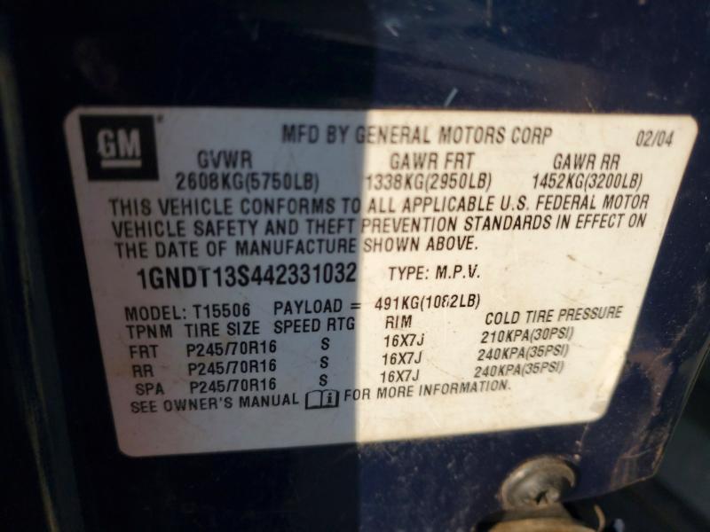 63768156 :رقم المزاد ، 1GNDT13S442331032 vin ، 2004 Chevrolet Trailblazer مزاد بيع