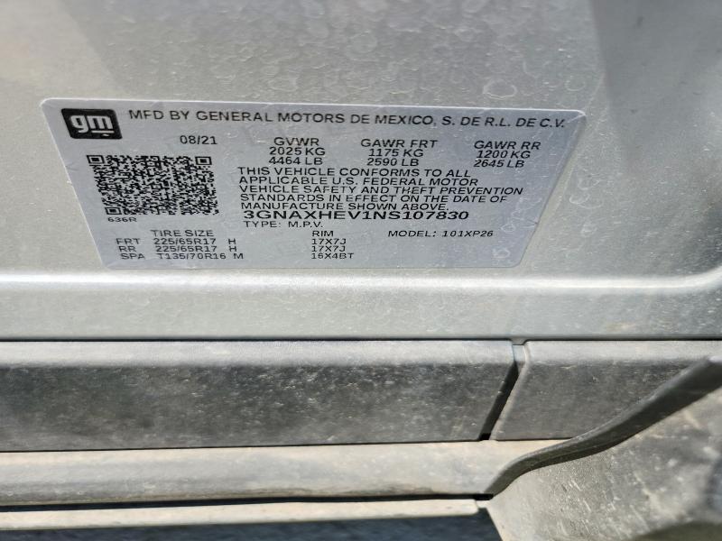 65748666 :رقم المزاد ، 3GNAXHEV1NS107830 vin ، 2022 Chevrolet Equinox مزاد بيع