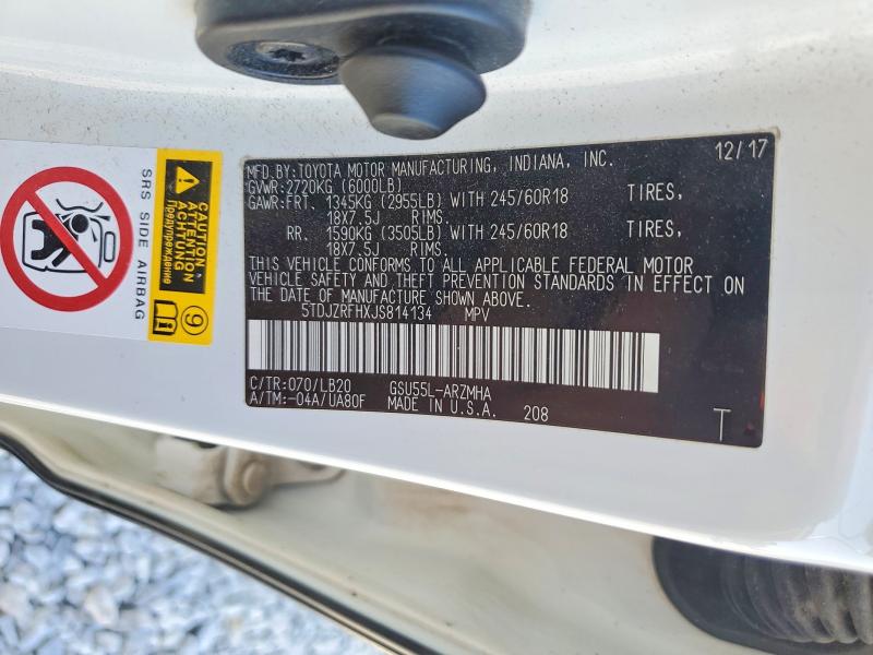 66214266 :رقم المزاد ، 5TDJZRFHXJS814134 vin ، 2018 Toyota Highlander مزاد بيع