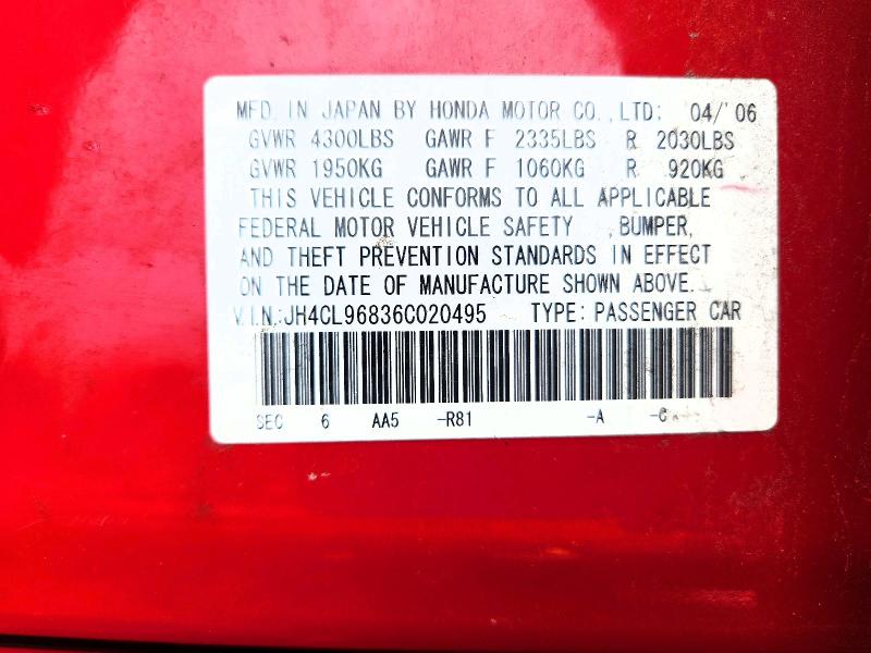 2006 Acura Tsx მანქანა იყიდება აუქციონზე, vin: JH4CL96836C020495, აუქციონის ნომერი: 64084536