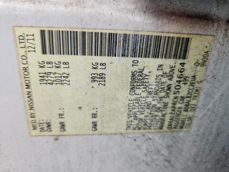 2012 Nissan Altima მანქანა იყიდება აუქციონზე, vin: 1N4AL2AP4CN504664, აუქციონის ნომერი: 64092986