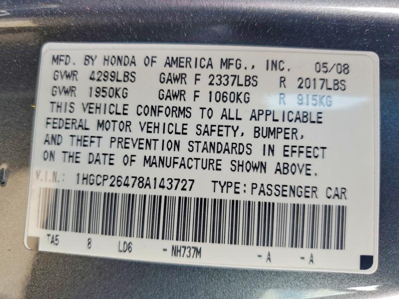 2008 Honda Accord მანქანა იყიდება აუქციონზე, vin: 1HGCP26478A143727, აუქციონის ნომერი: 66383616