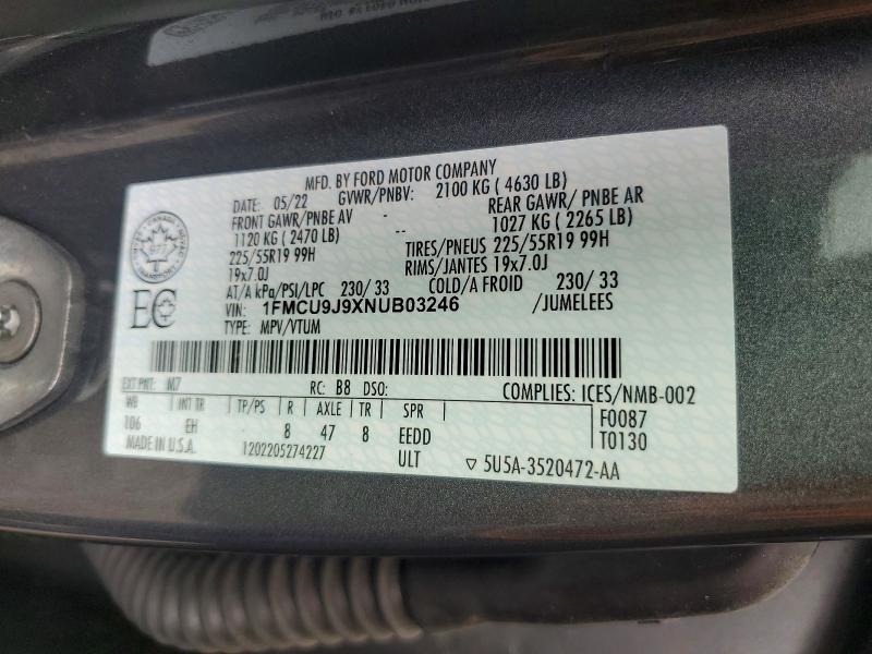 2022 Ford Escape მანქანა იყიდება აუქციონზე, vin: 1FMCU9J9XNUB03246, აუქციონის ნომერი: 67274306