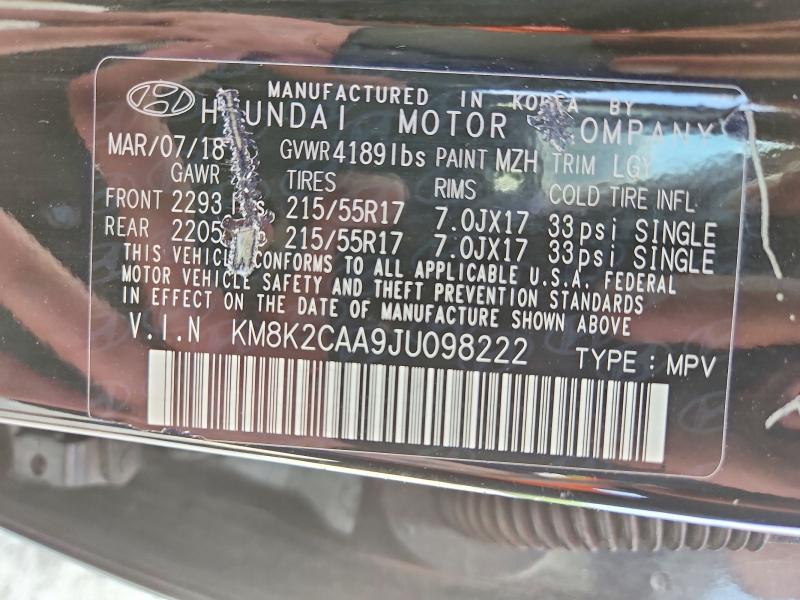 2018 Hyundai Kona მანქანა იყიდება აუქციონზე, vin: KM8K2CAA9JU098222, აუქციონის ნომერი: 67103146