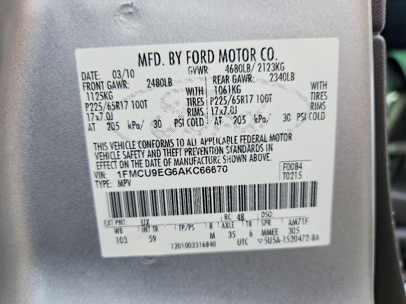 Продаж на аукціоні авто 2010 Ford Escape, vin: 1FMCU9EG6AKC66670, номер лоту: 65836336