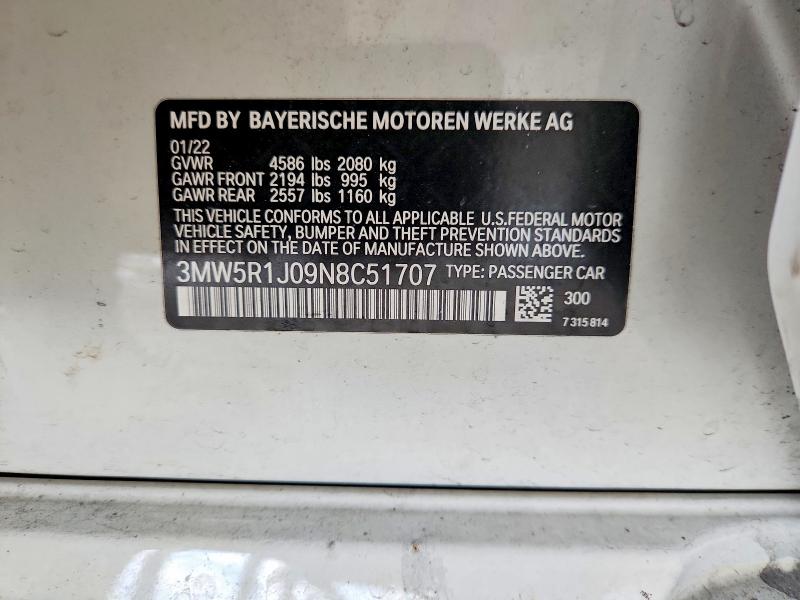 65906596 :رقم المزاد ، 3MW5R1J09N8C51707 vin ، 2022 Bmw 330i مزاد بيع