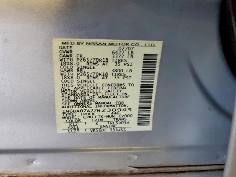 64861396 :رقم المزاد ، 1N6BA07A27N230945 vin ، 2007 Nissan Titan مزاد بيع