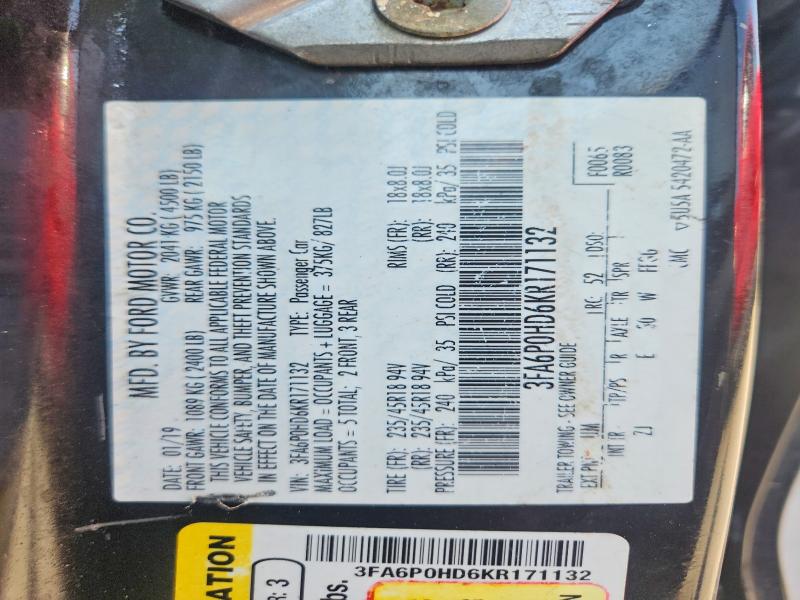 2019 Ford Fusion მანქანა იყიდება აუქციონზე, vin: 3FA6P0HD6KR171132, აუქციონის ნომერი: 63165846