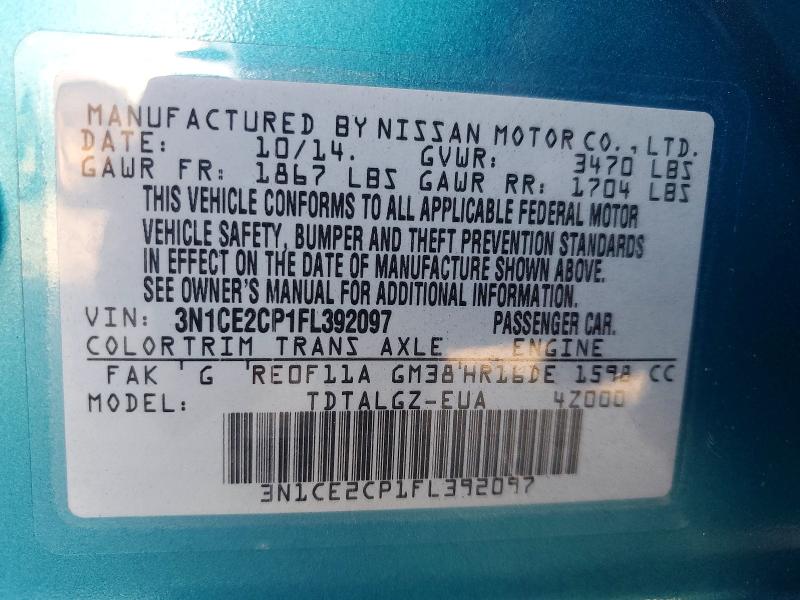 2015 Nissan Versa Note მანქანა იყიდება აუქციონზე, vin: 3N1CE2CP1FL392097, აუქციონის ნომერი: 64439256