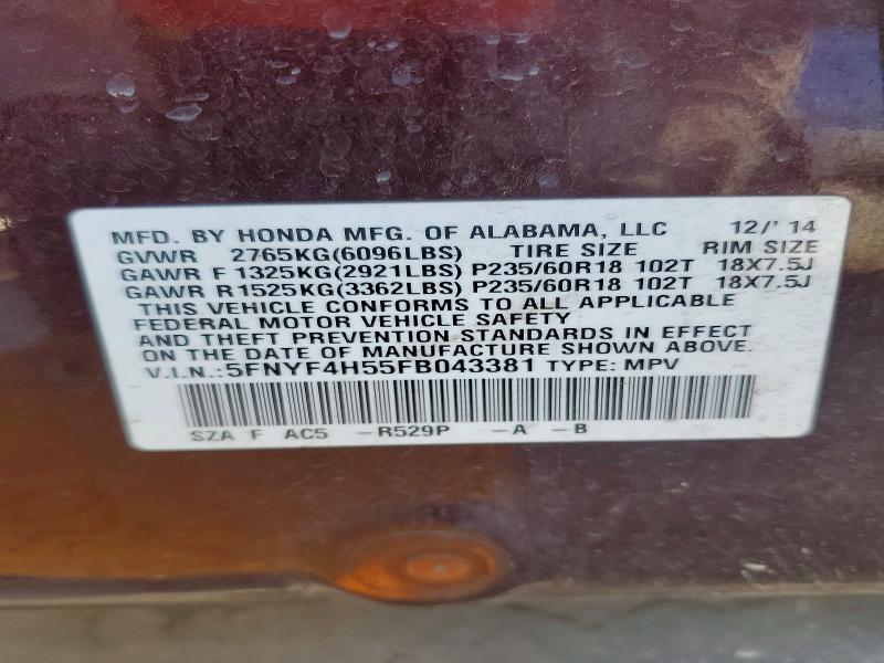 Продаж на аукціоні авто 2015 Honda Pilot, vin: 5FNYF4H55FB043381, номер лоту: 63516326