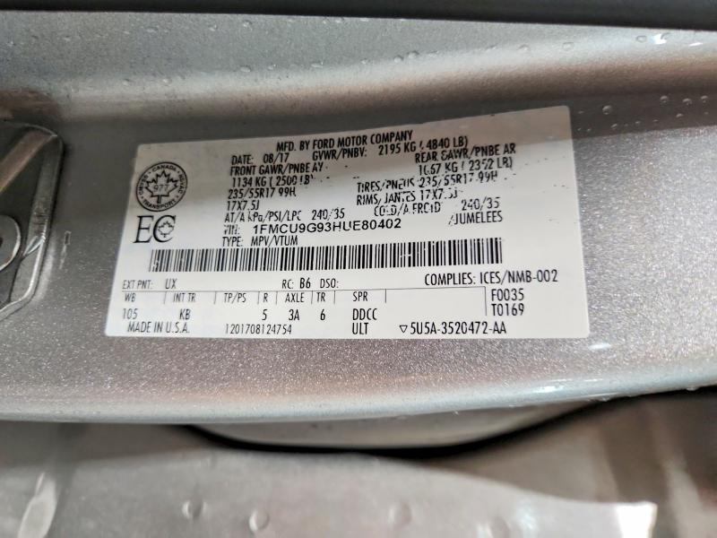 Aukcja sprzedaży 2017 Ford Escape, vin: 1FMCU9G93HUE80402, numer aukcji: 64016396
