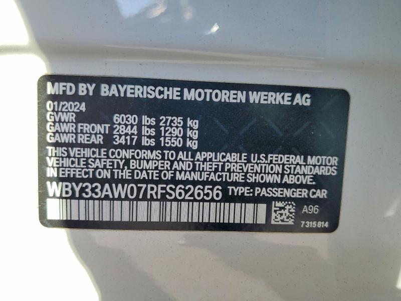 Aukcja sprzedaży 2024 Bmw I4, vin: WBY33AW07RFS62656, numer aukcji: 64863796