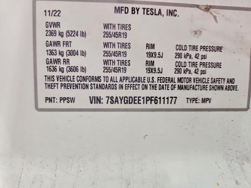 2023 Tesla Model Y მანქანა იყიდება აუქციონზე, vin: 7SAYGDEE1PF611177, აუქციონის ნომერი: 64423226